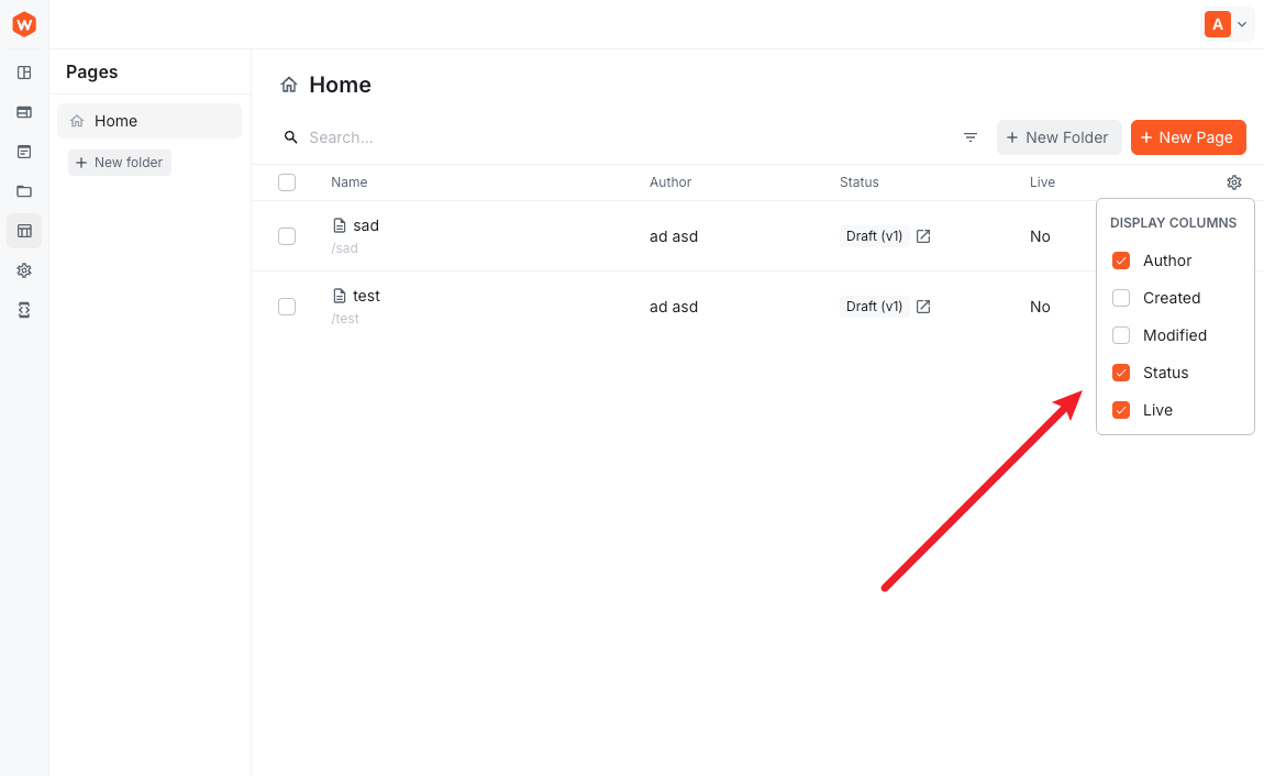 DataTable display columns menu stays open for multi-select with the cog pinned to the right